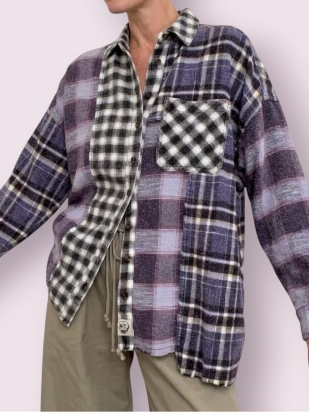 Urban Outfitters BDG Patchwork Flannel Shirt Purple Black White Oversized Small